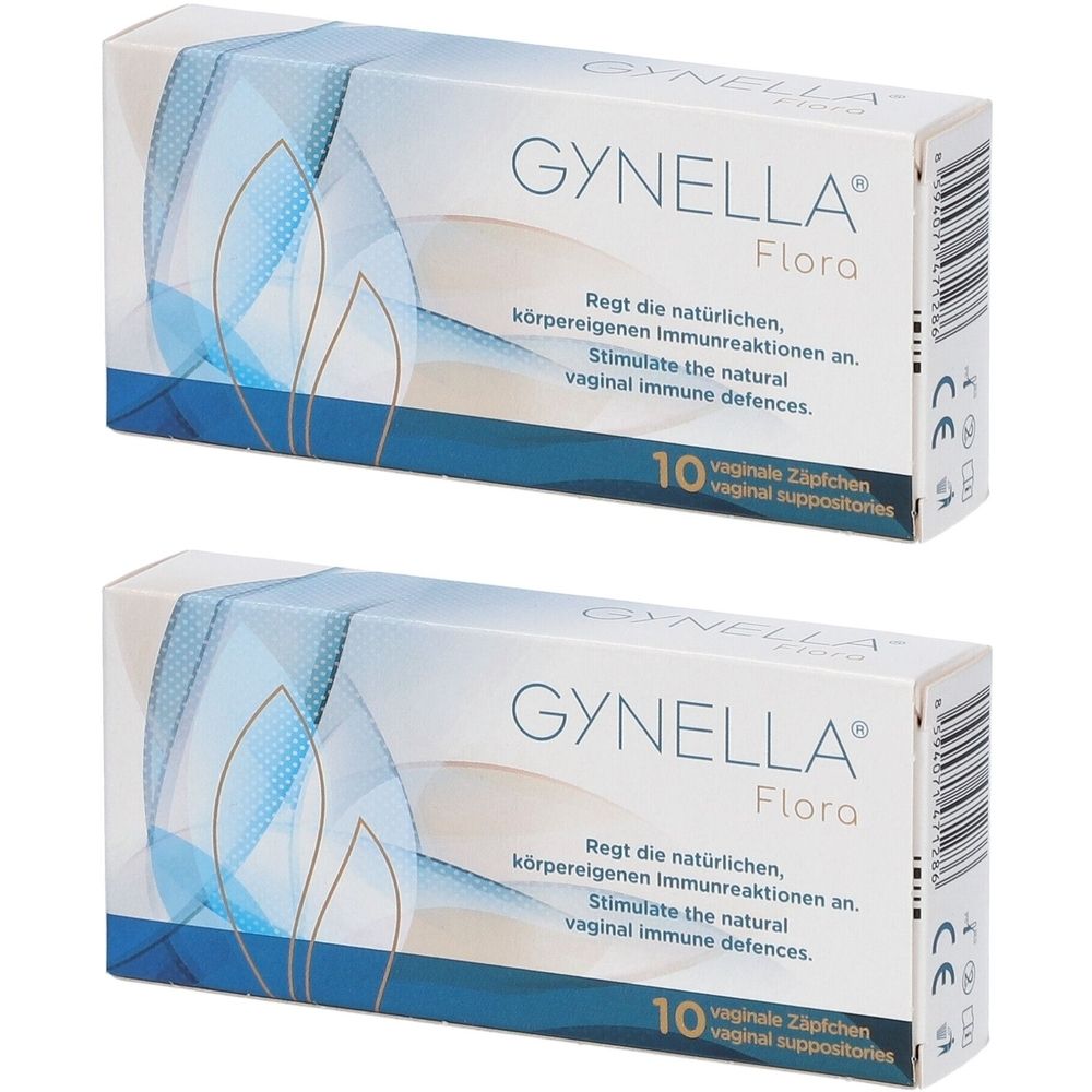 Zwei Schachteln mit dem Produkt GYNELLA Flora. Aufschrift: 10 vaginale Zäpfchen. Text in Deutsch und Englisch. CE-Kennzeichnung.