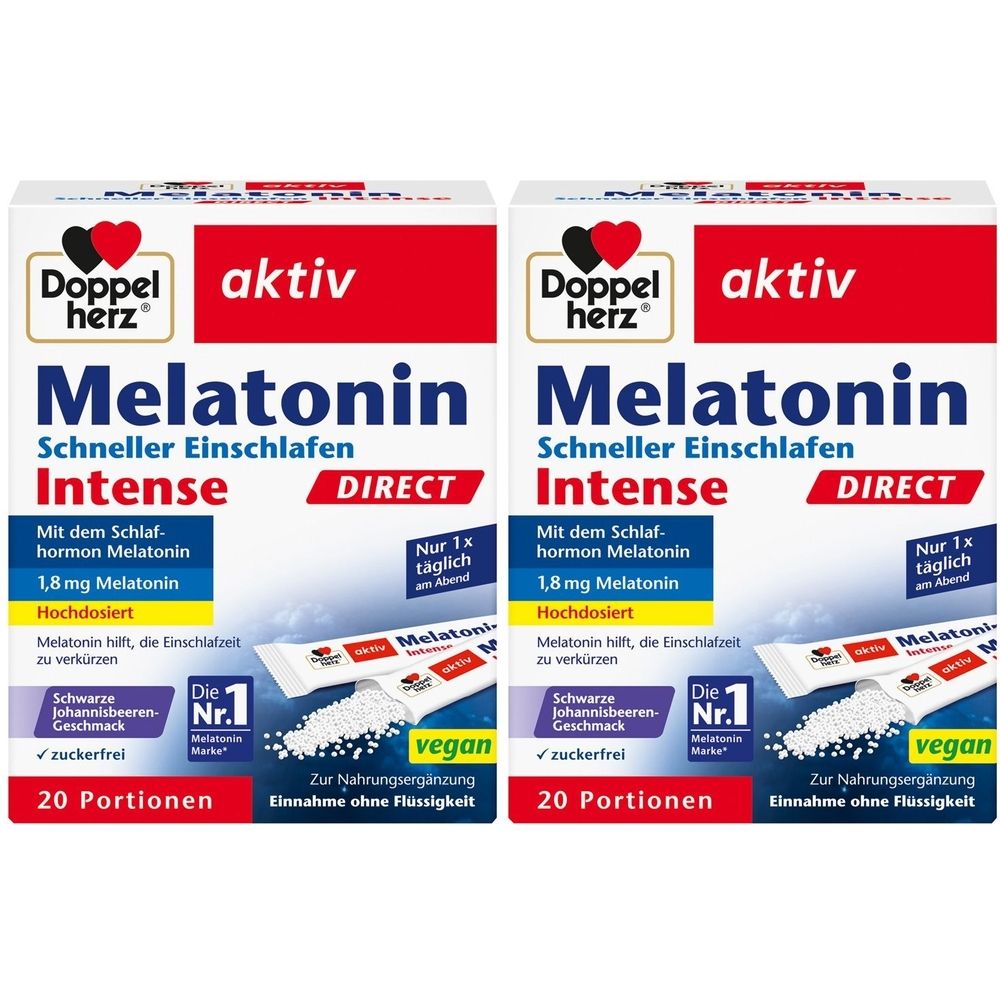 Doppelherz aktiv Melatonin Intense Packung. Enthält 20 Portionen. Mit Melatonin, zuckerfrei, vegan. Direkt-Einnahme ohne Flüssigkeit.
