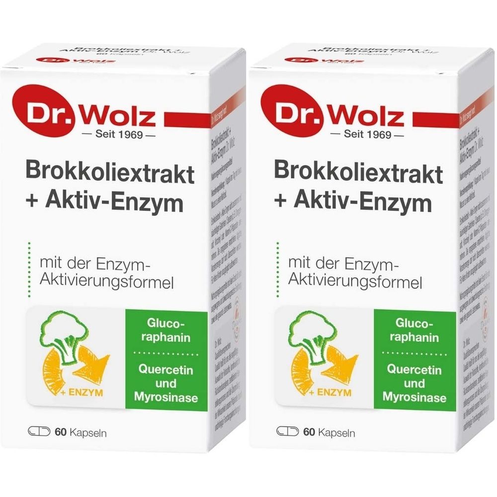 Zwei weiße Kartons mit Produktaufdruck. Aufschrift: Dr. Wolz Brokkoliextrakt + Aktiv-Enzym. Enthält 60 Kapseln.