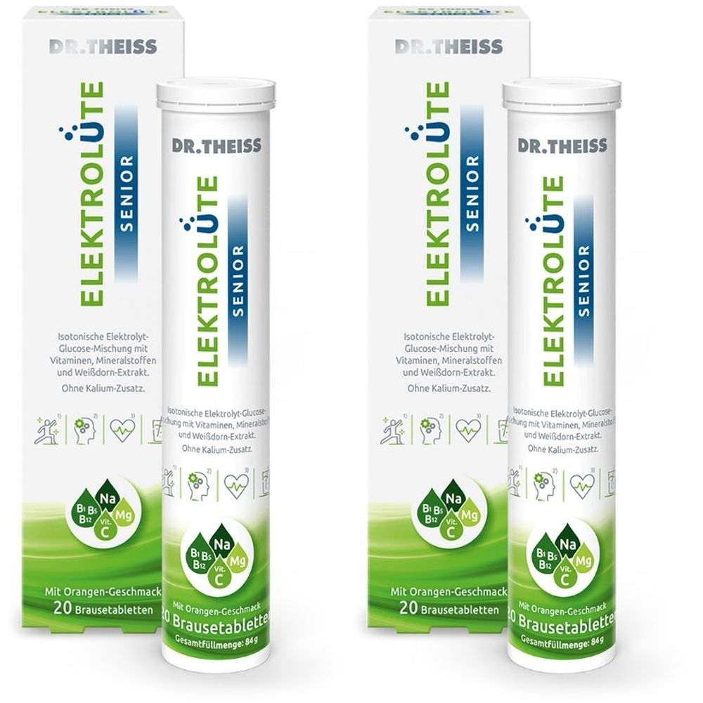 Zwei Packungen und zwei Röhren von Dr. Theiss Elektrolüte Senior. Weiße Verpackung mit grünen und blauen Akzenten. Enthält Brausetabletten.