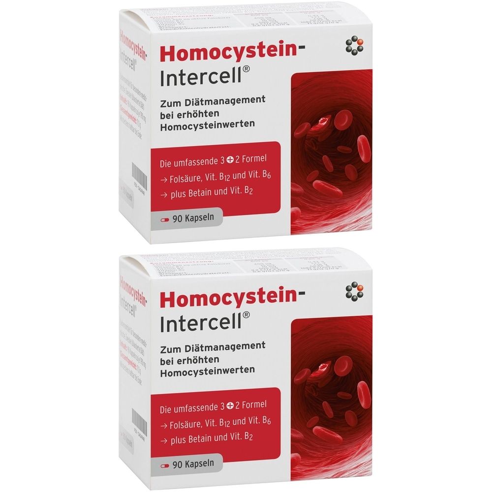 Zwei weiße Schachteln mit roter Schrift. Aufschrift: Homocystein-Intercell. Text: Zum Diätmanagement bei erhöhten Homocysteinwerten. 90 Kapseln.