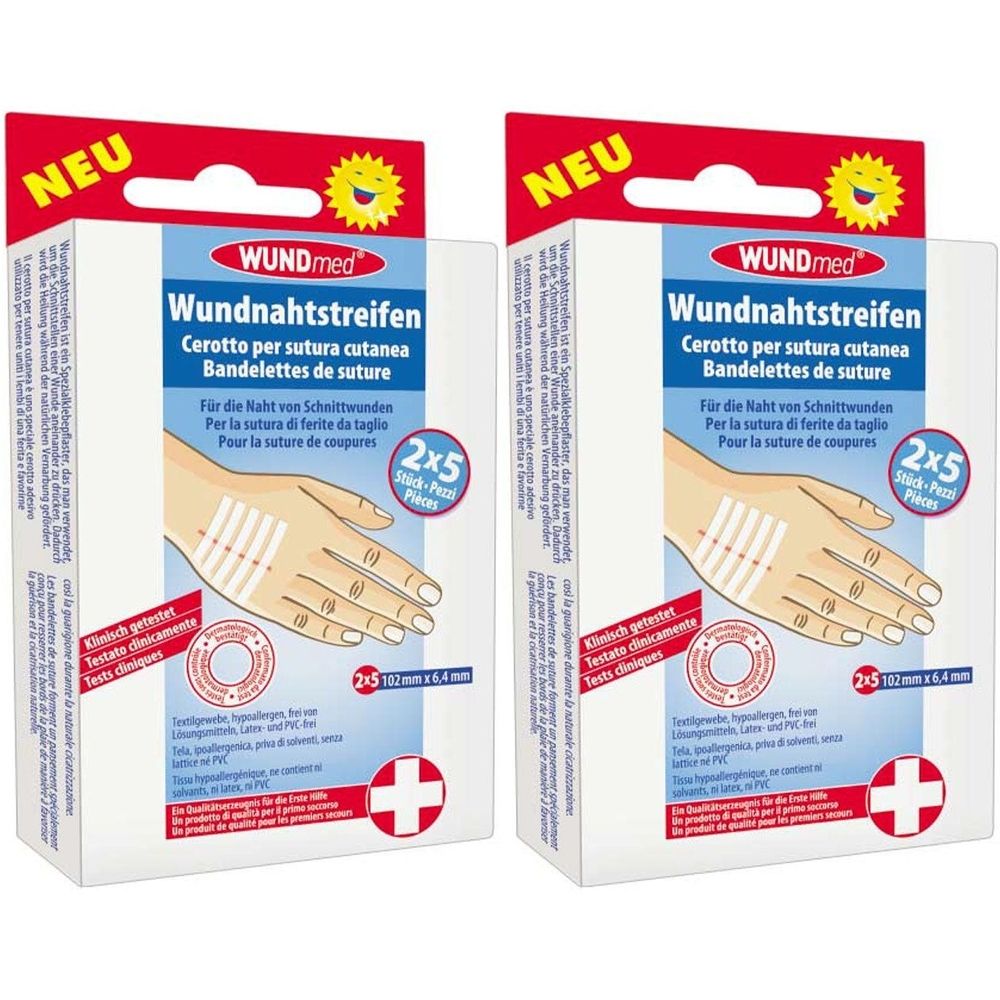 Zwei Packungen Wundnahtstreifen. Aufdruck: WUNDmed, Produktname, Anwendung, 2x5 Stück. Abbildung einer Hand mit aufgeklebten Streifen.