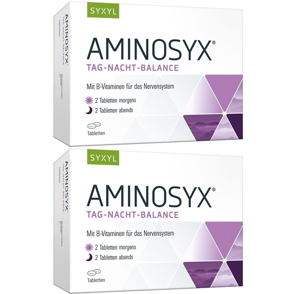 Zwei Schachteln SYXYL AMINOSYX® Tag-Nacht-Balance. Aufschrift: Mit B-Vitaminen für das Nervensystem. Einnahme: 2 Tabletten morgens, 2 abends. Tabletten-Symbol.