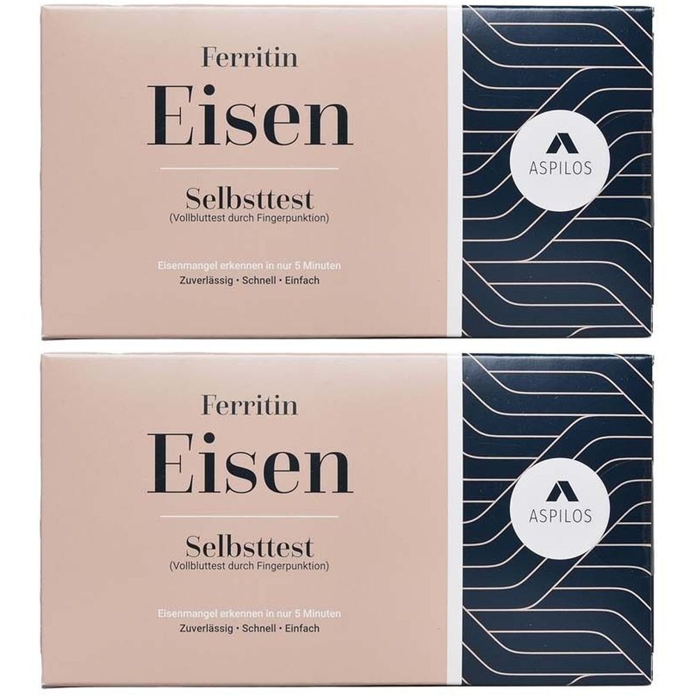 Zwei Packungen ASPILOS Eisenmangel Selbsttest. Aufschrift: Ferritin Eisen Selbsttest. Blaue und weiße Verpackung mit Logo.