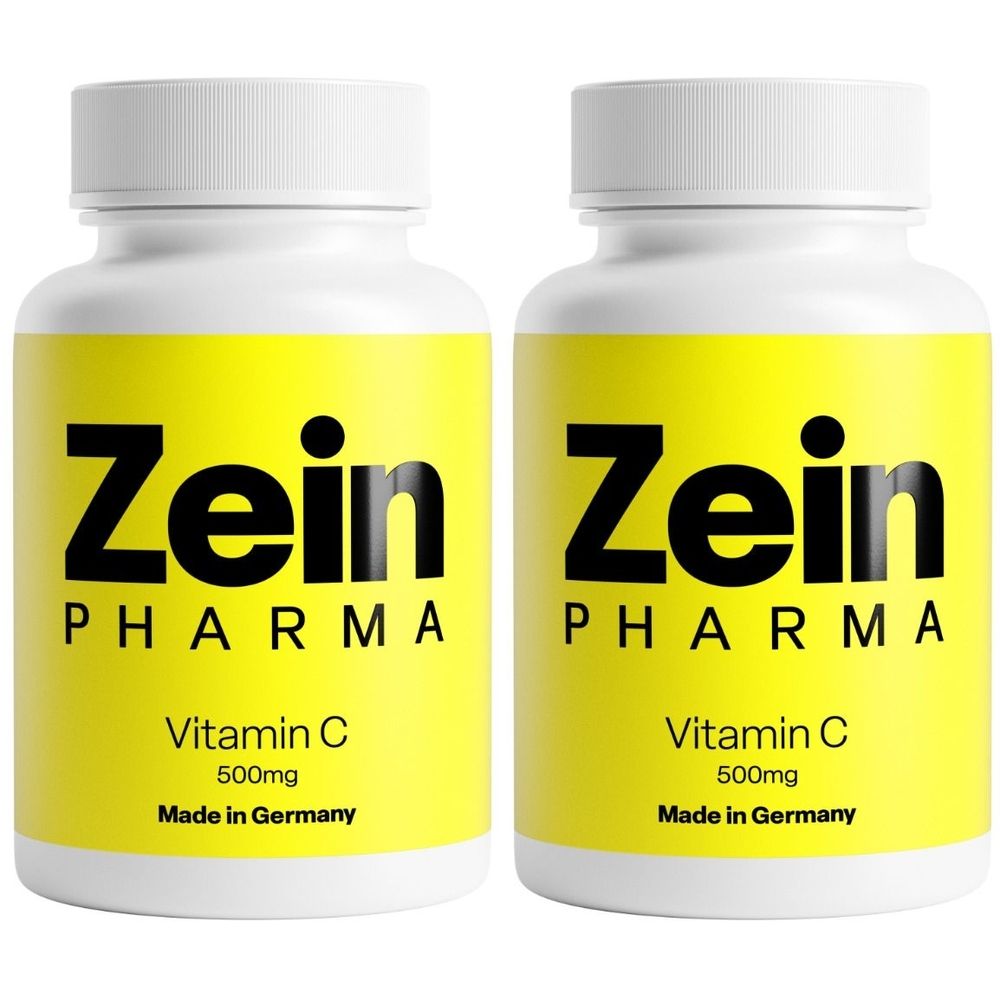 Zwei weiße Flaschen mit gelben Etiketten. Aufschrift: Zein Pharma, Vitamin C 500mg. Hergestellt in Deutschland.