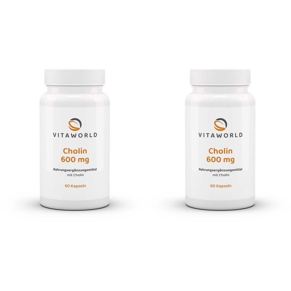 Zwei weiße Flaschen mit Schraubverschluss. Aufschrift: VITAWORLD, Cholin 600 mg, Nahrungsergänzungsmittel mit Cholin, 60 Kapseln.