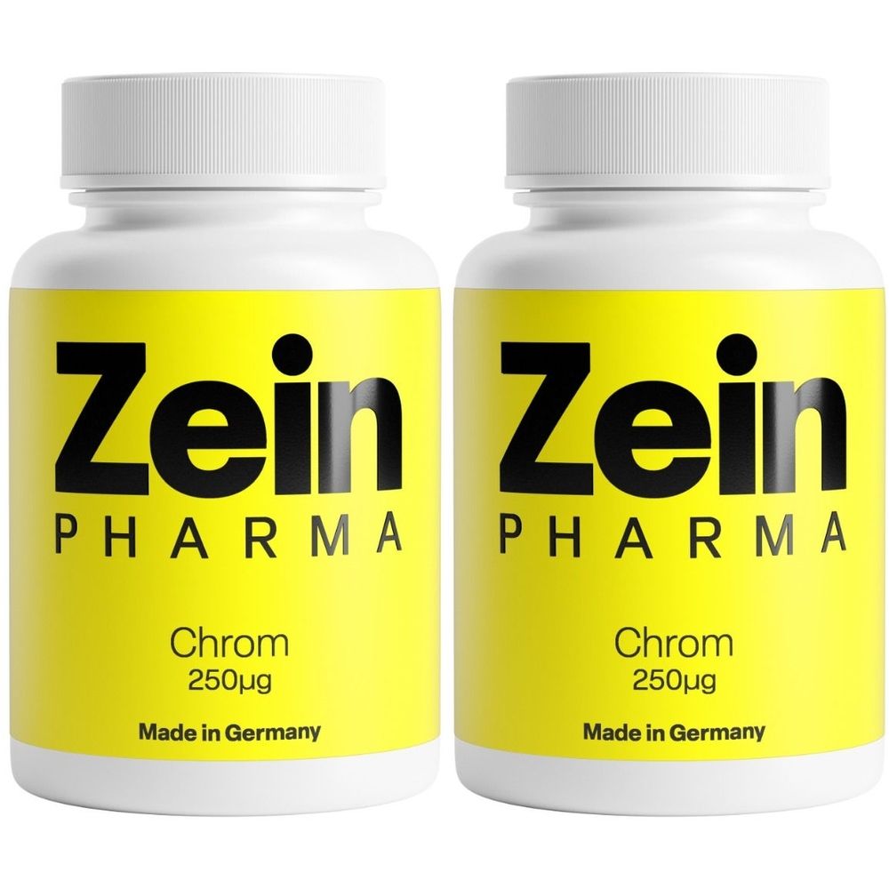 Zwei weiße Flaschen mit gelben Etiketten. Aufschrift: Zein Pharma, Chrom 250µg, Made in Germany. Weiße Deckel.