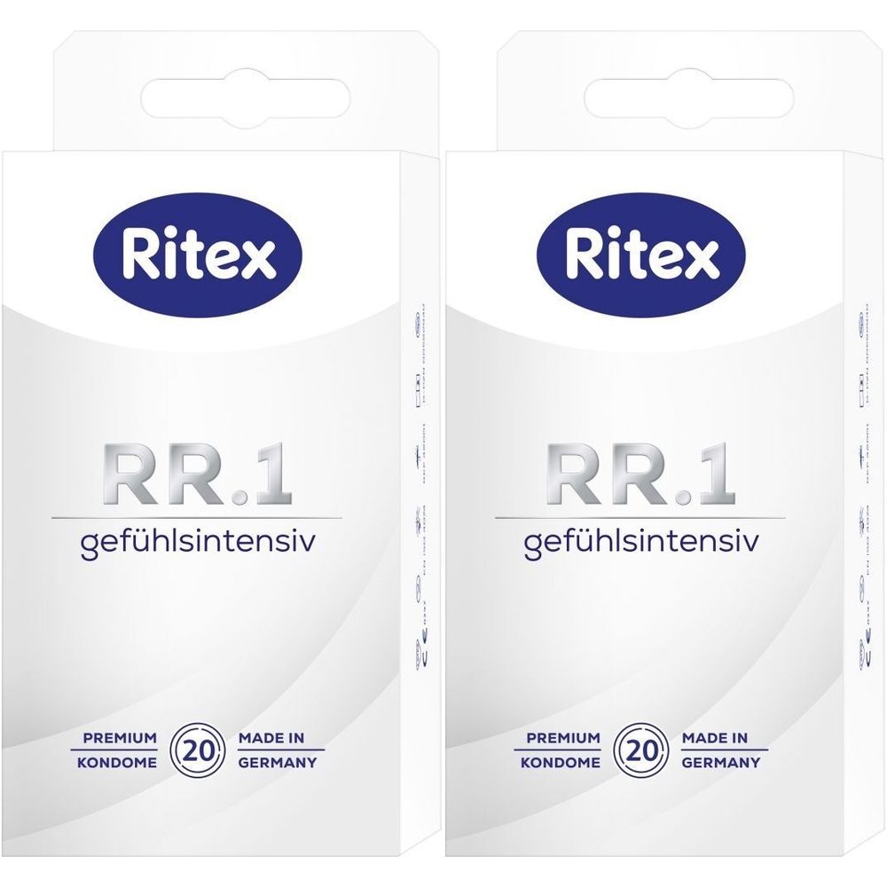 Zwei weiße Schachteln mit Ritex-Logo und Aufschrift RR.1 gefühlsintensiv. Premium Kondome, 20 Stück, Made in Germany.