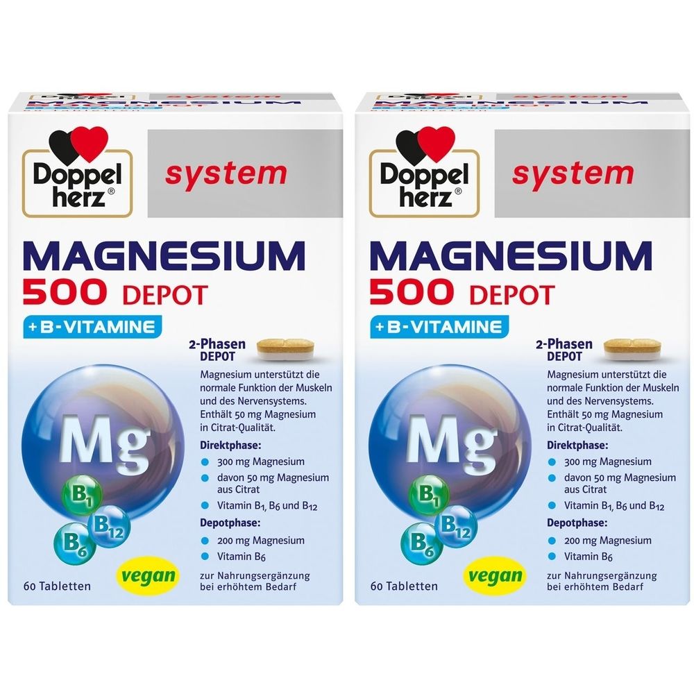 Zwei Packungen Doppelherz system Magnesium 500 Depot. Weiße Schachteln mit Produktnamen, Inhaltsangaben und Logo.