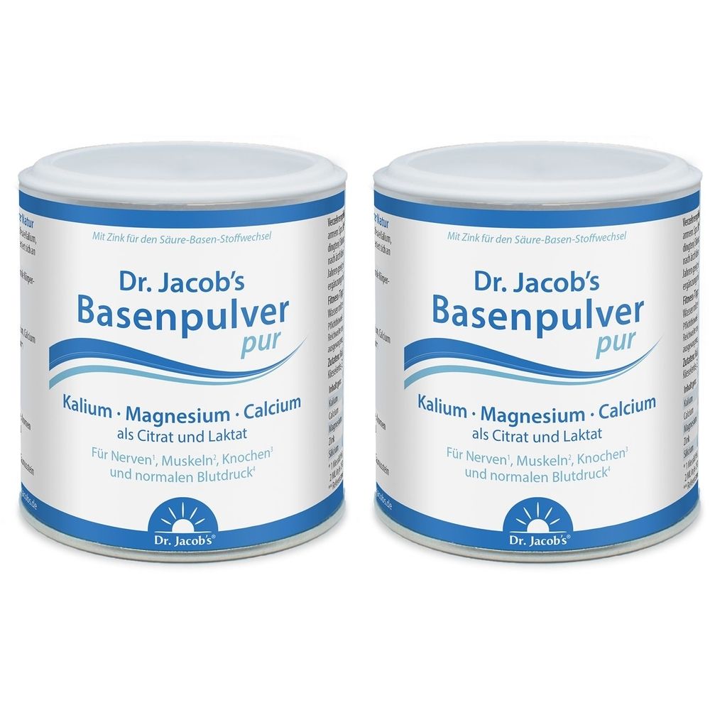 Zwei Dosen Dr. Jacob's Basenpulver pur. Blaue und weiße Etiketten mit Produktinformationen. Kalium, Magnesium, Calcium. Für Nerven, Muskeln, Knochen.
