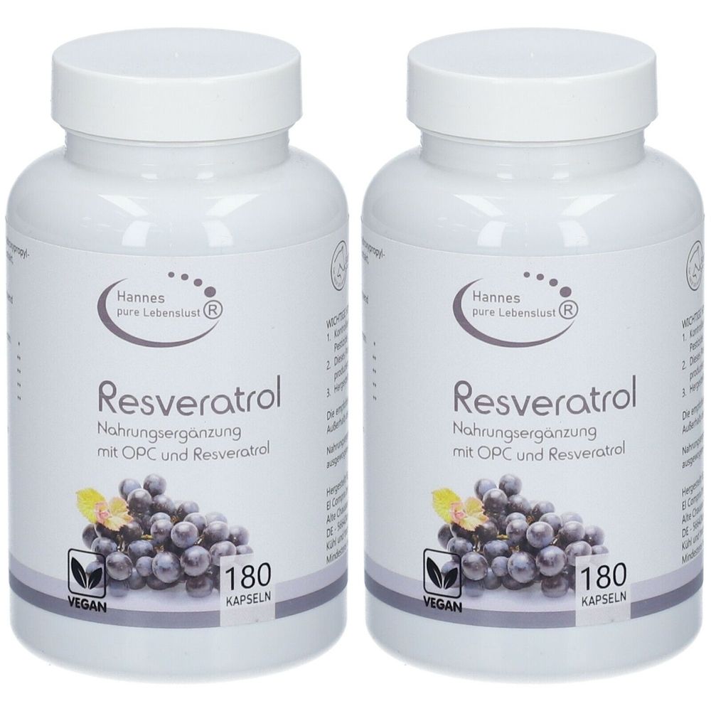 Zwei weiße Flaschen mit dem Produktnamen Resveratrol. Aufschrift: Hannes pure Lebenslust®, Nahrungsergänzung, 180 Kapseln, vegan.