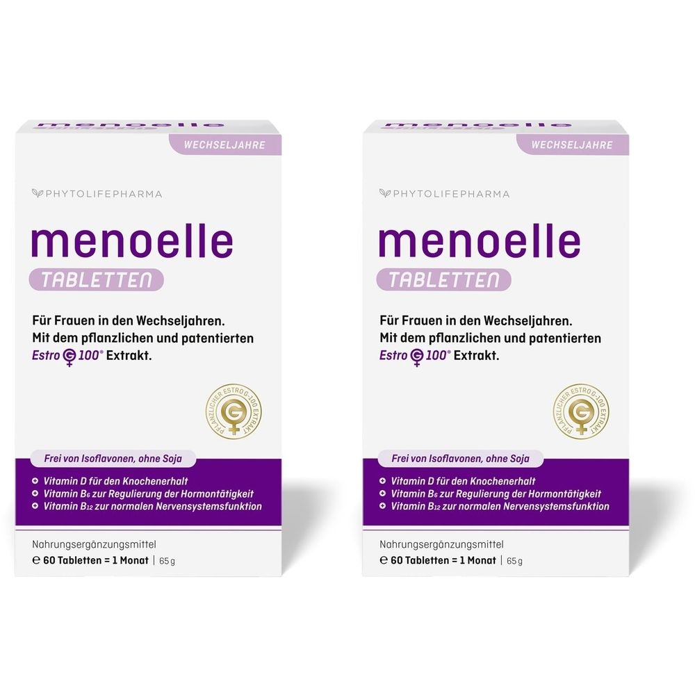 Zwei weiße Schachteln mit "menoelle TABLETTEN". Aufschrift: Für Frauen in den Wechseljahren. Mit Estro 100° Extrakt. Mit Siegel.