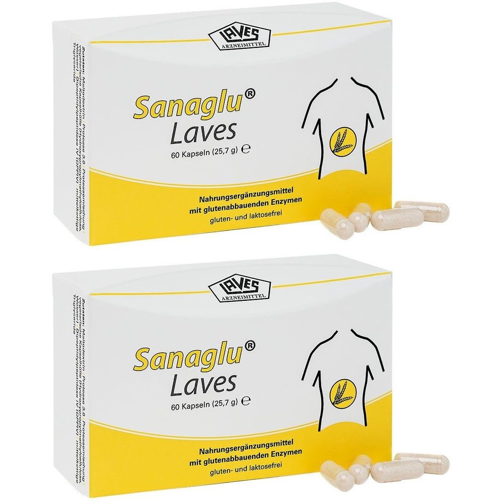Zwei Schachteln mit Kapseln. Aufschrift: Sanaglu Laves, 60 Kapseln. Enthält glutenabbauende Enzyme. Marke: AVES.