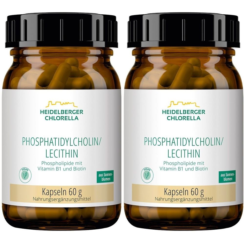 Zwei braune Glasflaschen mit schwarzen Deckeln. Auf den Etiketten steht "PHOSPHATIDYLCHOLIN/LECITHIN" und "Kapseln 60 g".