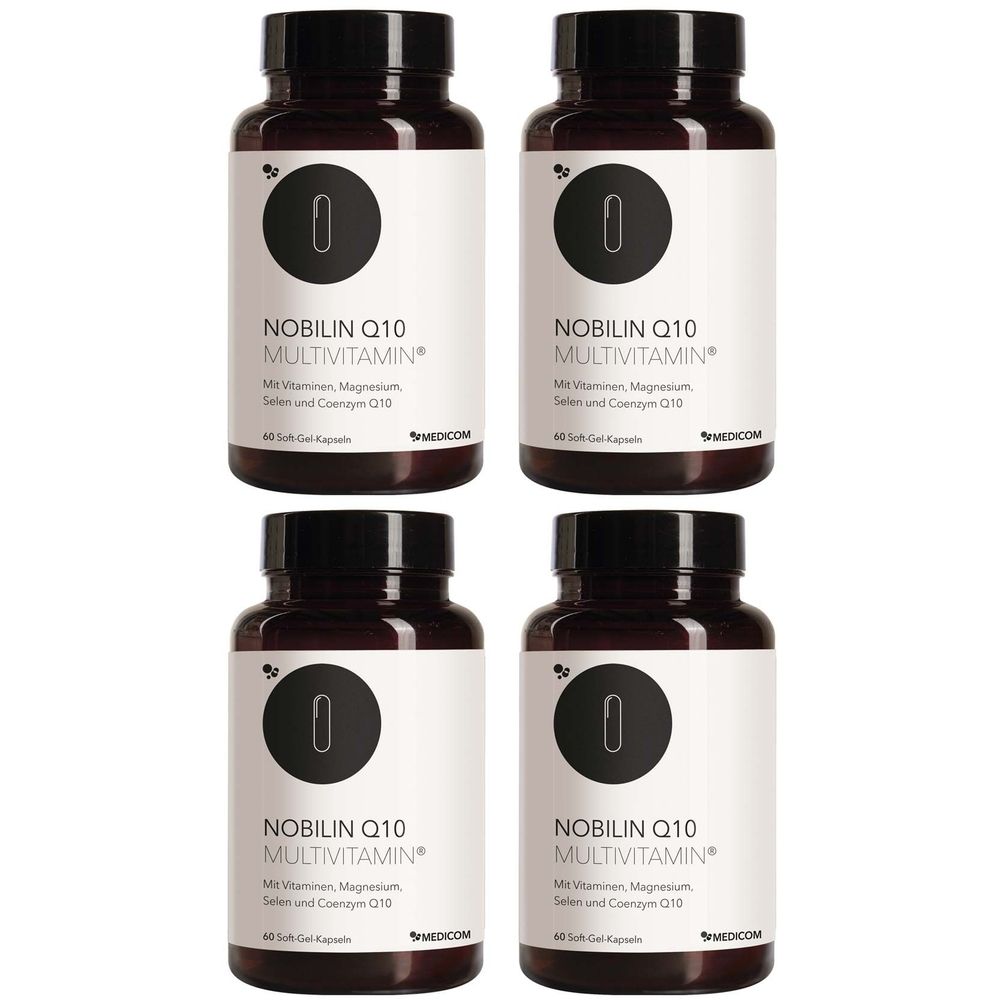 Vier Flaschen Nobilin Q10 Multivitamin. Braune Flaschen mit schwarzem Deckel und weißem Etikett. Text: Nobilin Q10 Multivitamin.