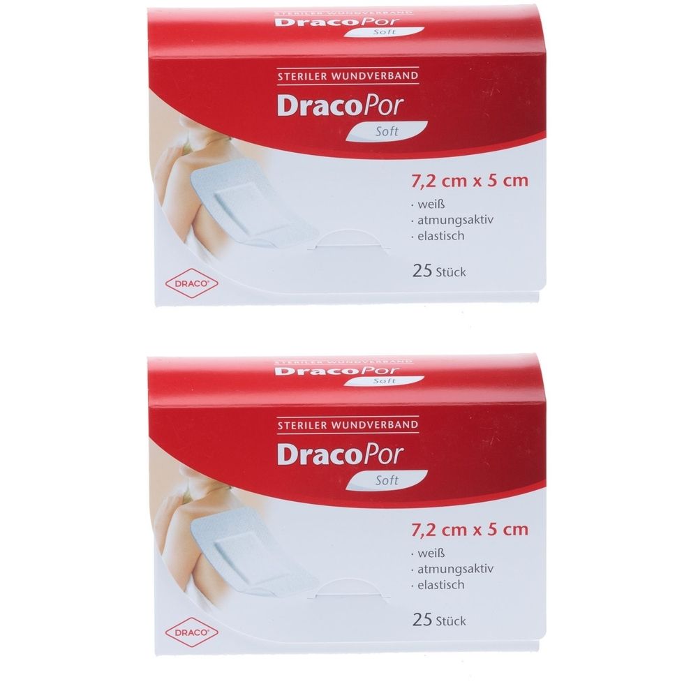 Zwei Packungen DracoPor Wundverband. Rote und weiße Verpackung. Aufschrift: 7,2 cm x 5 cm, weiß, atmungsaktiv, elastisch, 25 Stück.