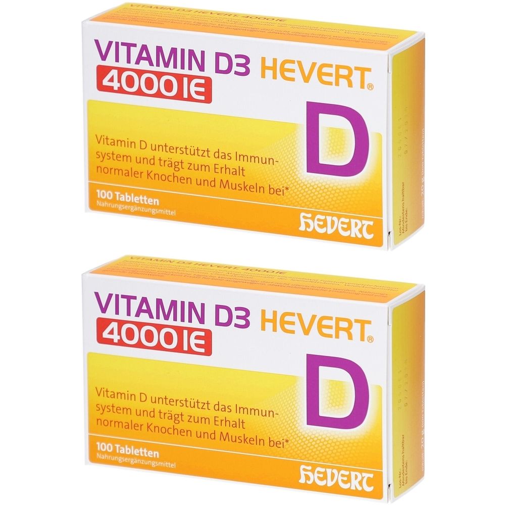 Zwei Schachteln Vitamin D3 Hevert. Aufschrift: Vitamin D3 4000 IE. Text: Vitamin D unterstützt das Immunsystem.