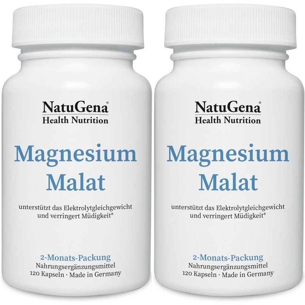 Zwei weiße Flaschen mit Schraubverschluss. Aufschrift: NatuGena, Magnesium Malat. Enthält 120 Kapseln. Hergestellt in Deutschland.