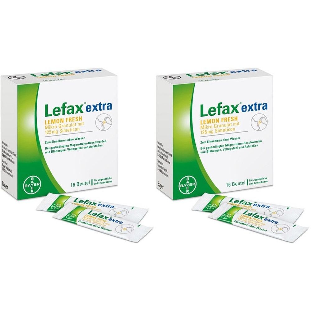 Zwei Schachteln und Beutel von Lefax extra Lemon Fresh. Weiße Schachteln mit grünem Akzent und Produktnamen. Beutel liegen davor.