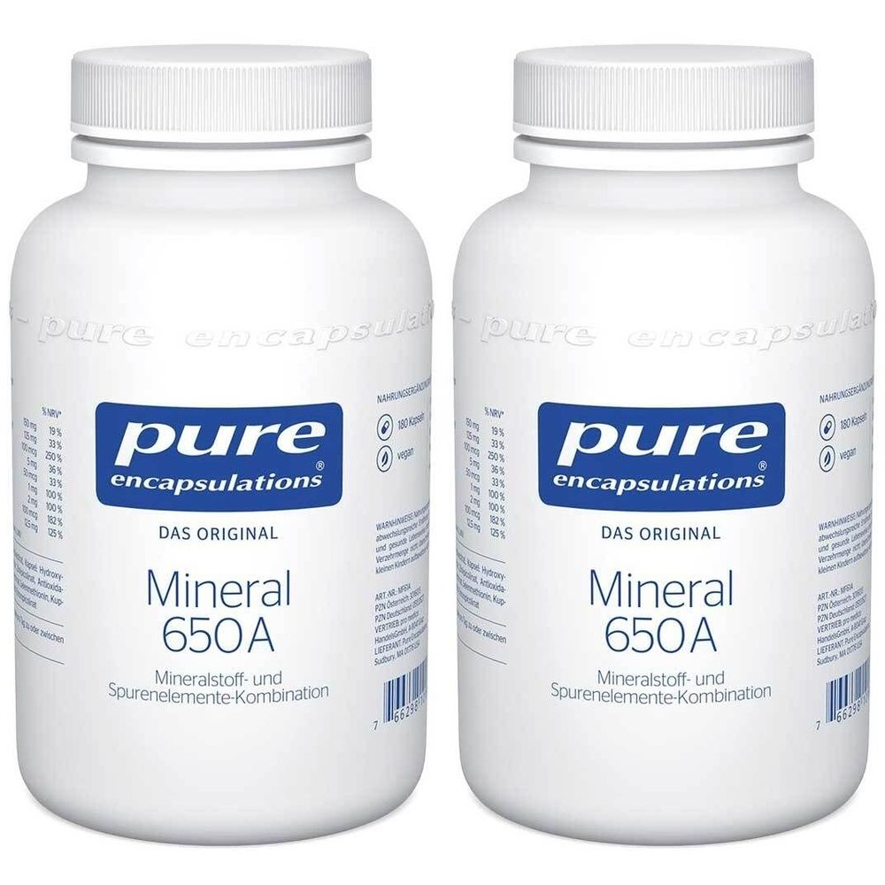Zwei weiße Flaschen mit Schraubverschluss. Aufschrift: pure encapsulations, Mineral 650A. Mineralstoff- und Spurenelemente Kombination.