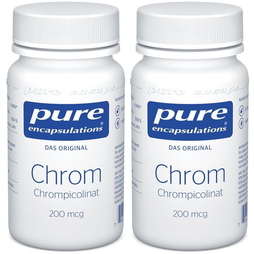 Zwei weiße Flaschen mit blauen Etiketten. Aufschrift: Pure Encapsulations Chrom, Chrompicolinat, 200 mcg.
