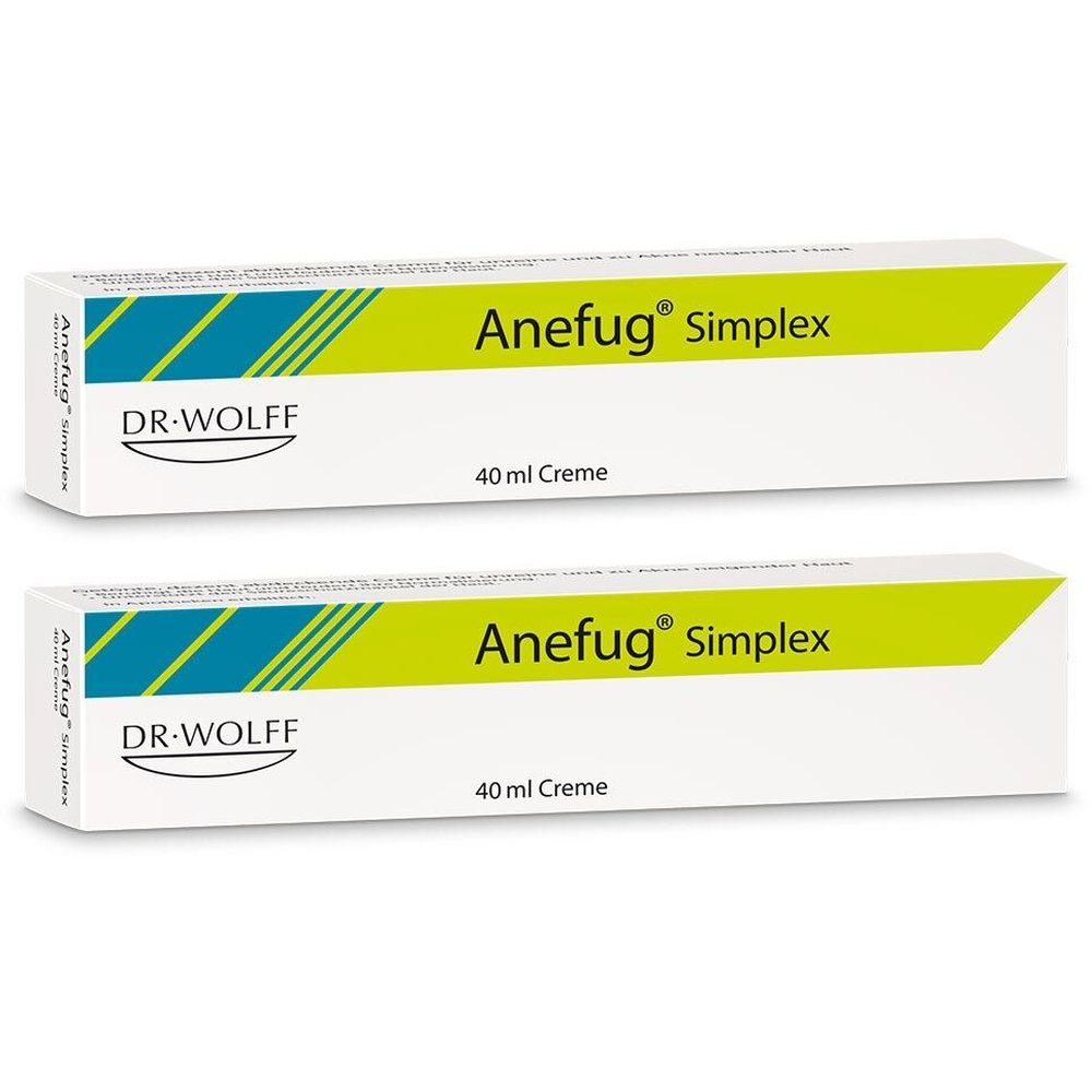 Zwei Schachteln mit der Aufschrift "Anefug® Simplex" und "40 ml Creme". Das Logo "DR. WOLFF" ist ebenfalls sichtbar.