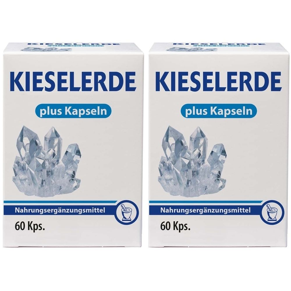 Zwei weiße Kartons mit der Aufschrift KIESELERDE plus Kapseln. Darunter ein Bild von Kristallen und der Hinweis: Nahrungsergänzungsmittel, 60 Kps.