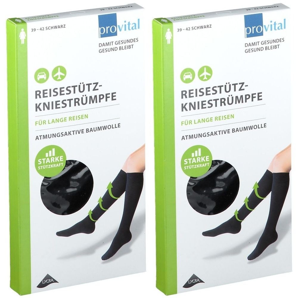 Zwei Packungen provital Reisekniestrümpfe, schwarz. Aufdrucke: Größe 39-42, Produktname, Text, Illustrationen von Beinen mit Strümpfen.