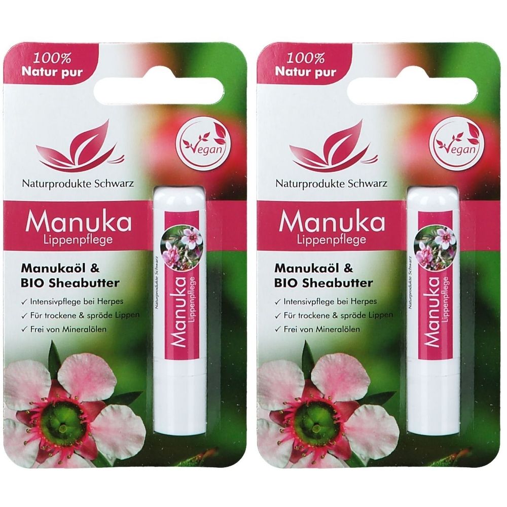 Zwei Lippenpflegestifte in Blisterverpackung. Aufschrift: Manuka Lippenpflege, Manukaöl & BIO Sheabutter, 100% Natur pur, Vegan.