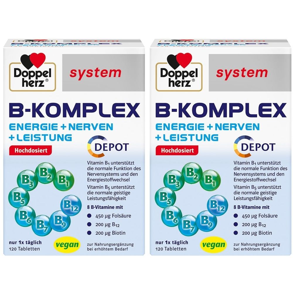 Zwei Packungen Doppelherz B-Komplex. Weiße Verpackung mit Produktnamen und Informationen. Enthält 120 Tabletten.