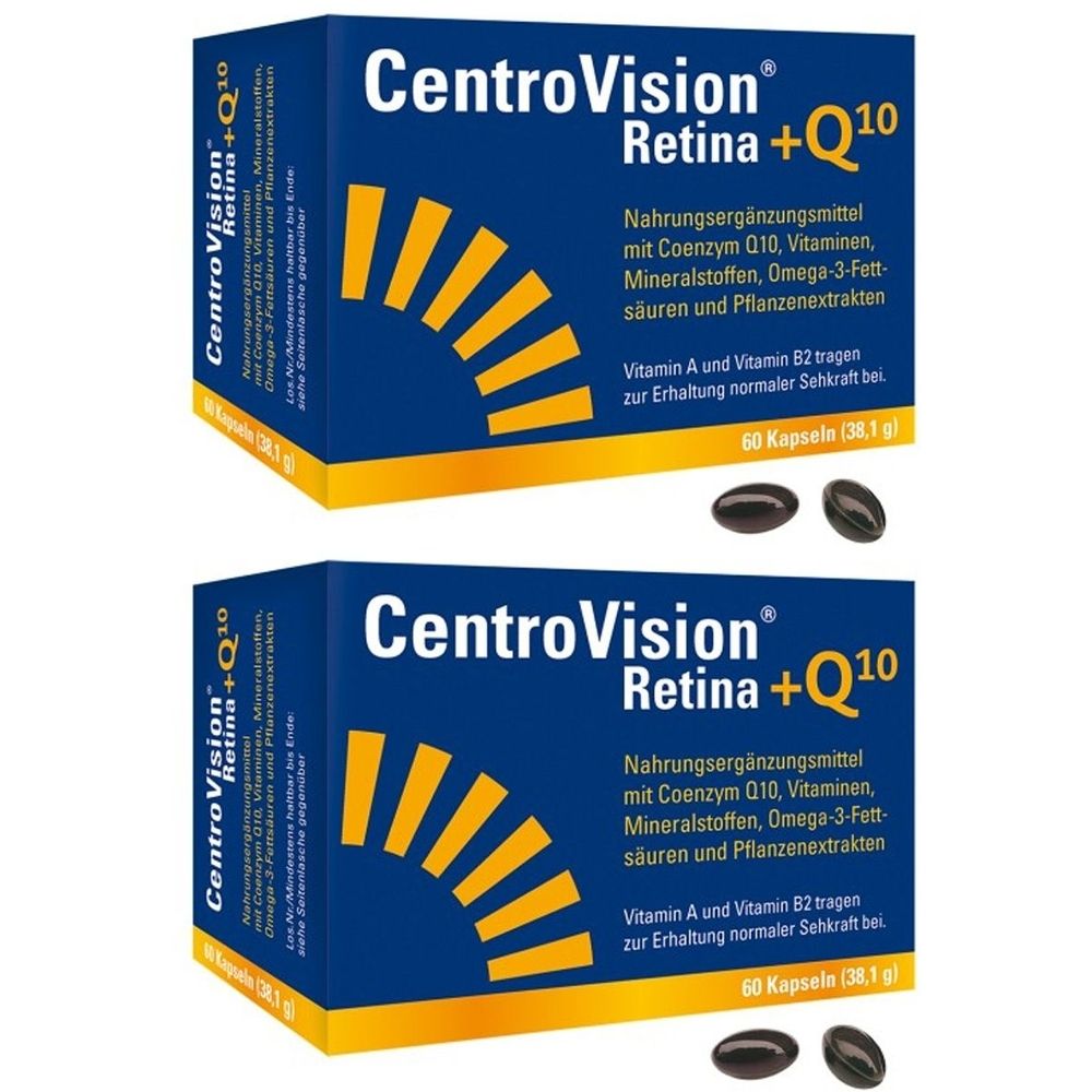 Zwei Schachteln CENTROVISION® Retina + Q10. Blaue Verpackung mit gelbem Sonnenmotiv. Enthält 60 Kapseln. Schwarze Kapseln liegen daneben.