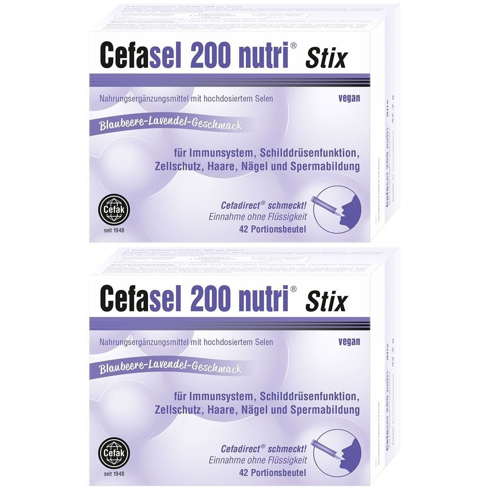 Zwei Packungen Cefasel 200 nutri Stix. Aufschrift: Nahrungsergänzungsmittel mit Selen, Blaubeere-Lavendel-Geschmack, vegan. 42 Portionsbeutel.