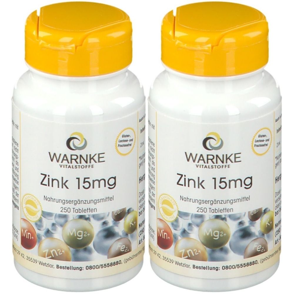 Zwei weiße Flaschen mit gelben Deckeln. Aufschrift: WARNKE Zink 15mg, Nahrungsergänzungsmittel, 250 Tabletten. Abbildungen von Mineralien.
