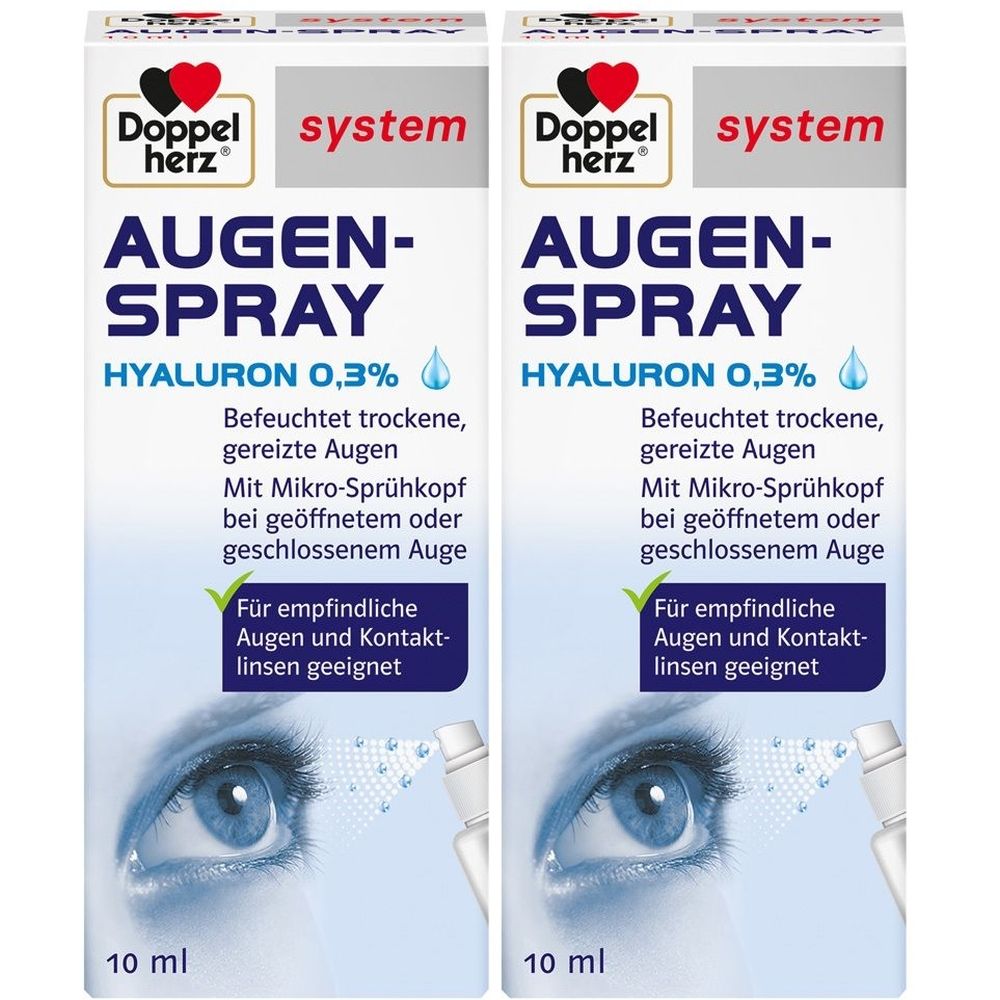 Zwei Packungen Augenspray. Aufschrift: Doppelherz, AUGEN-SPRAY, Hyaluron 0,3%. Für empfindliche Augen und Kontaktlinsen geeignet.