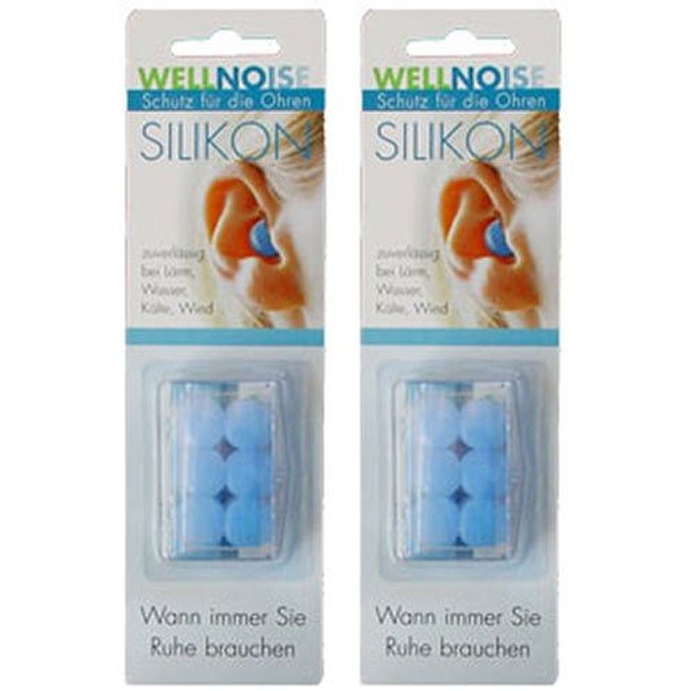 Zwei Blisterpackungen mit blauen Silikon-Ohrenstöpseln. Aufschrift: WELLNOISE, SILIKON. Text: Wann immer Sie Ruhe brauchen.
