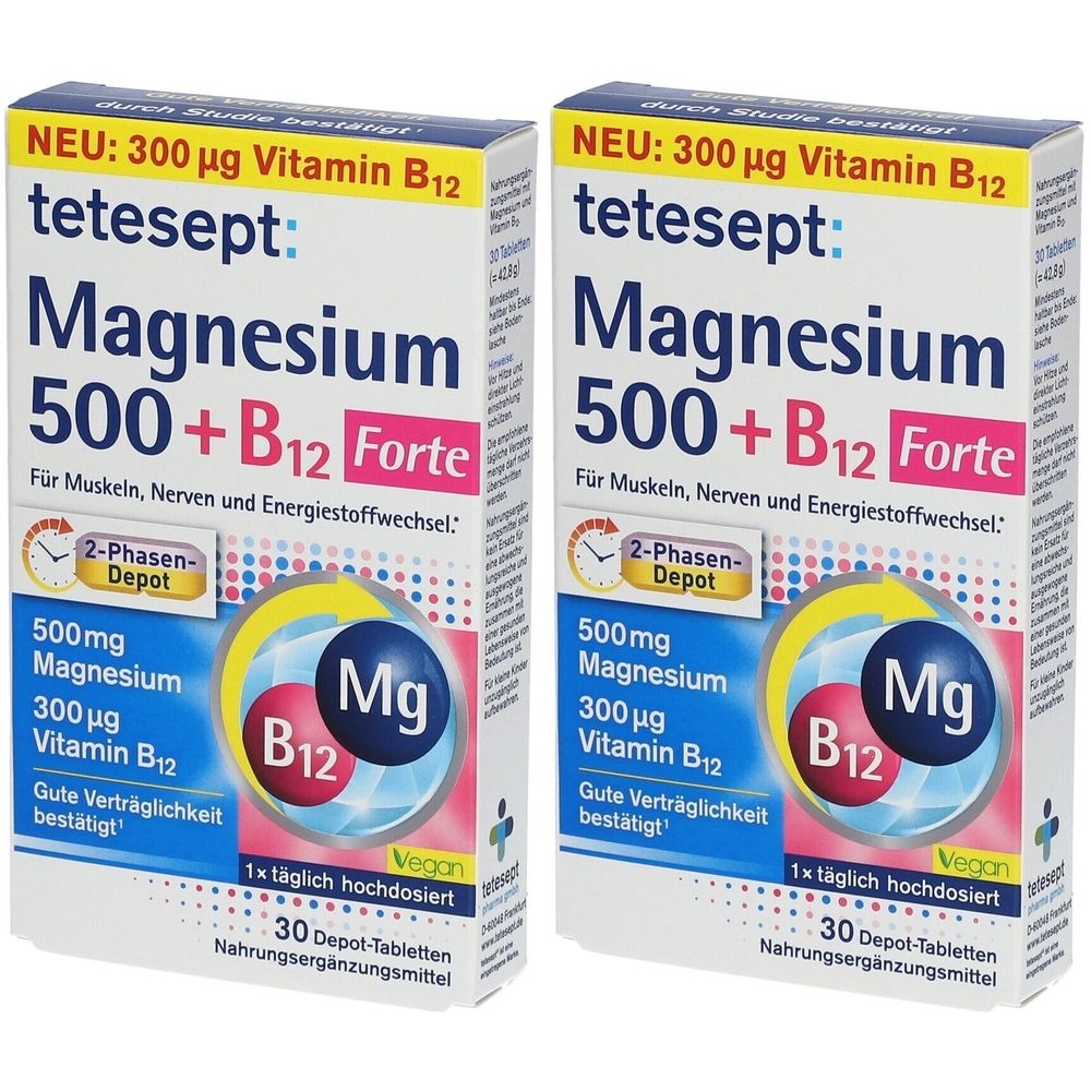 Zwei Schachteln tetesept Magnesium 500 + B12 Forte. Aufschrift: 500mg Magnesium, 300 µg Vitamin B12. Vegan. 30 Depot-Tabletten.