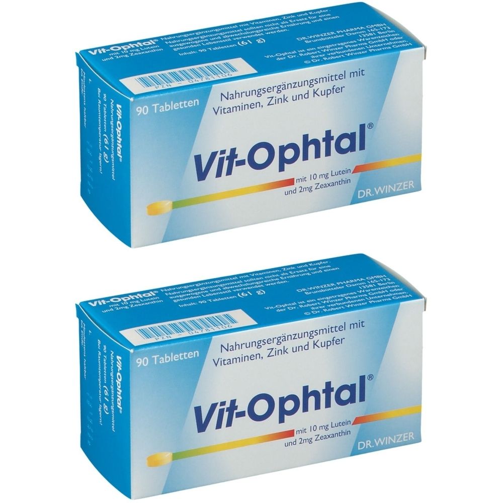 Zwei blaue Schachteln mit der Aufschrift "Vit-Ophtal". Enthält 90 Tabletten. Nahrungsergänzungsmittel mit Vitaminen, Zink und Kupfer.