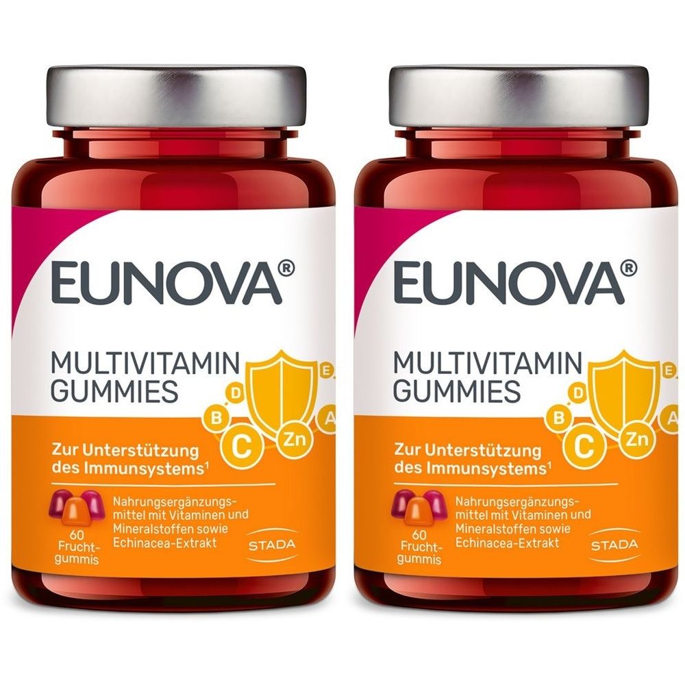 Zwei Flaschen EUNOVA Multivitamin Gummies. Aufschrift: Multivitamin Gummies, zur Unterstützung des Immunsystems. 60 Fruchtgummis.