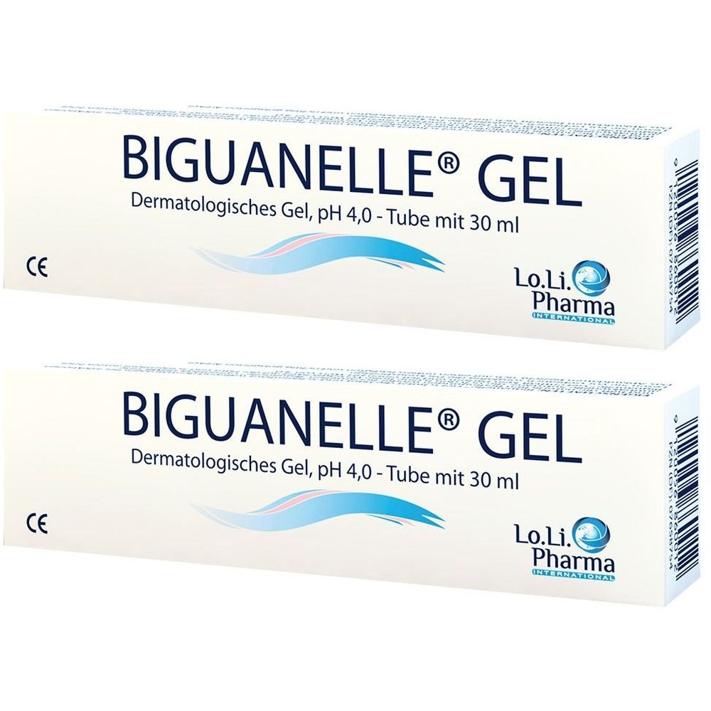 Zwei Schachteln mit "BIGUANELLE® GEL"-Aufschrift. Text: Dermatologisches Gel, pH 4,0. Logo: Lo.Li. Pharma. CE-Zeichen.