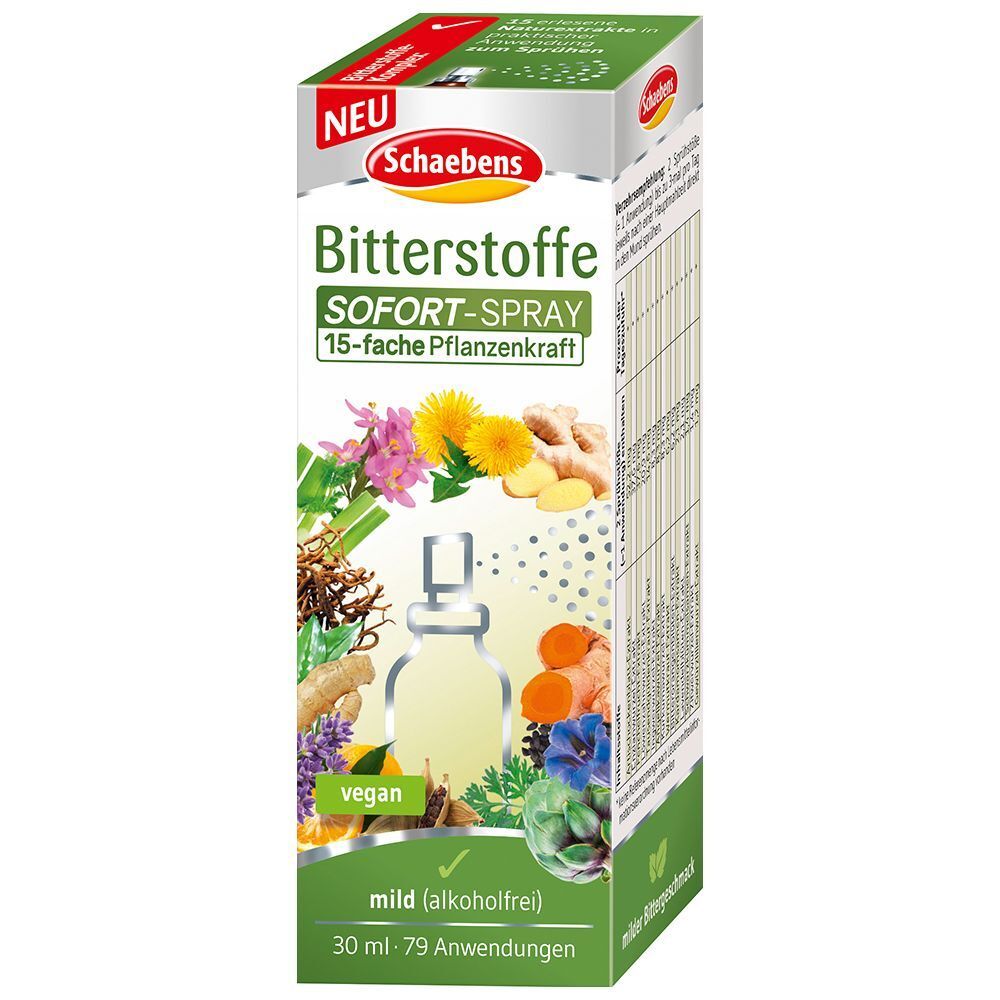 Verpackung Schaebens Bitterstoffe SOFORT-SPRAY mit Abbildung von Pflanzenextrakten.