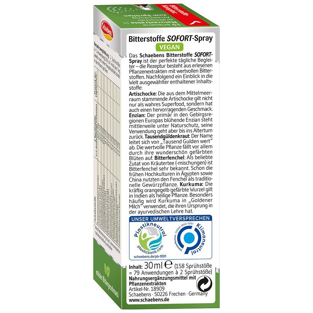 Rückseite der Verpackung Schaebens Bitterstoffe SOFORT-SPRAY mit Produktinformationen und Siegeln.