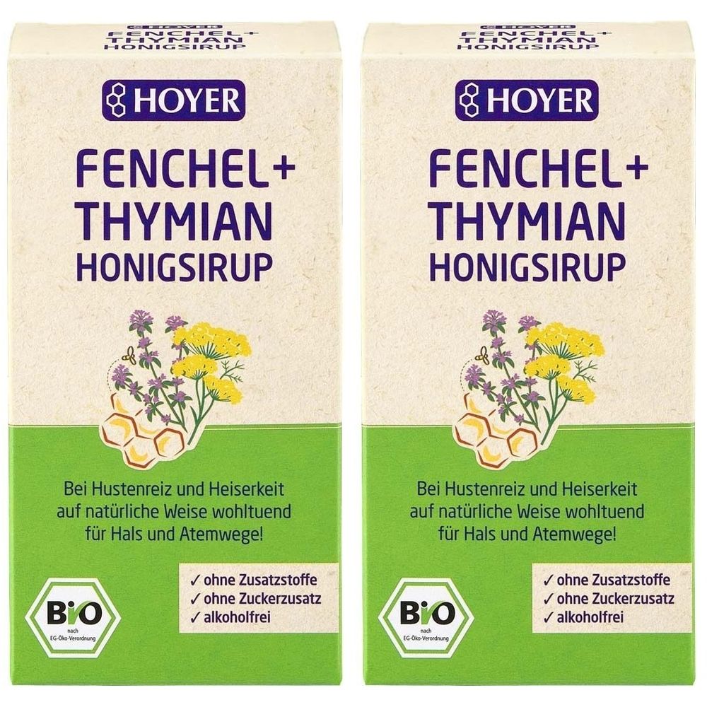 Zwei Kartons HOYER Fenchel + Thymian Honigsirup. Aufschrift: Bei Hustenreiz und Heiserkeit. Bio-Siegel. Ohne Zusatzstoffe, Zuckerzusatz, alkoholfrei.