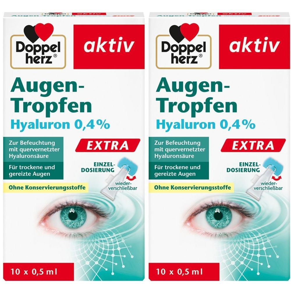 Zwei identische Verpackungen von Augentropfen. Aufschrift: Doppelherz, aktiv, Augentropfen Hyaluron 0,4% Extra. Einzel-Dosierung, wiederverschließbar.