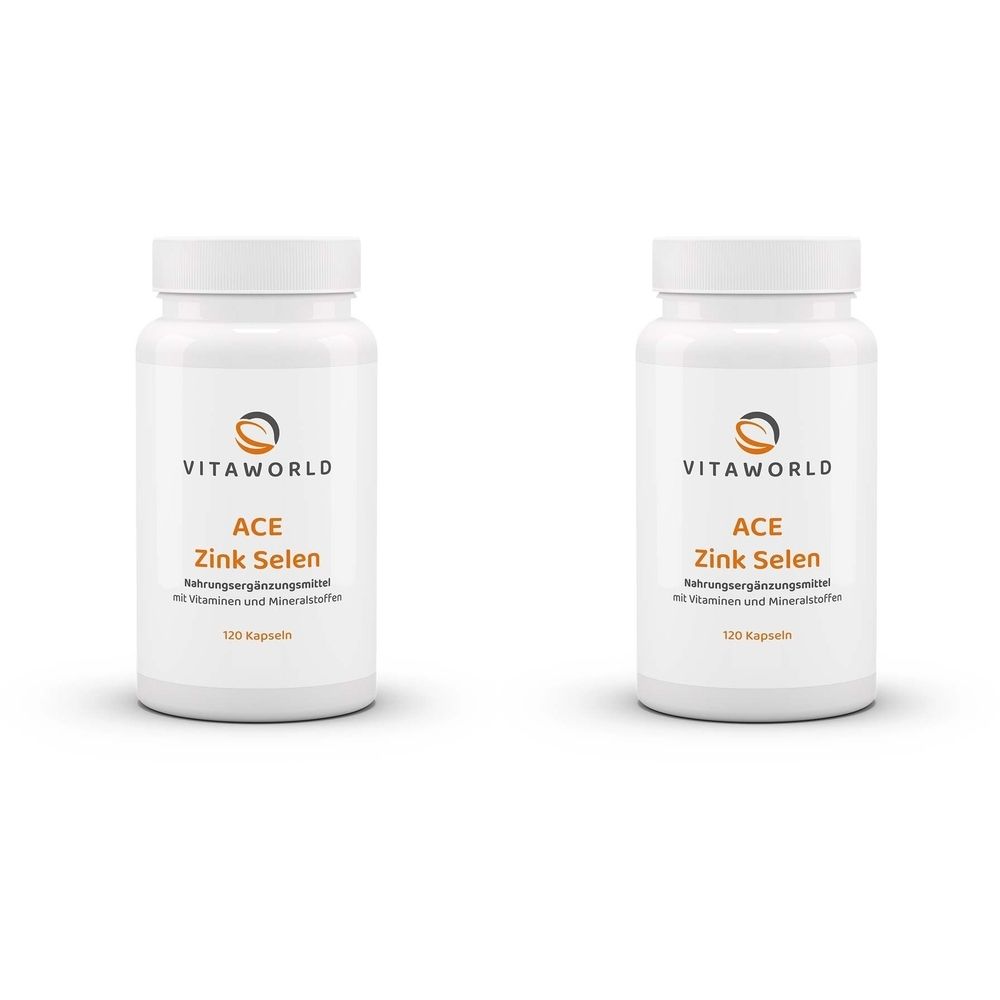Zwei weiße Flaschen mit Schraubverschluss. Aufschrift: VITAWORLD, ACE Zink Selen. Nahrungsergänzungsmittel mit Vitaminen und Mineralstoffen. 120 Kapseln.