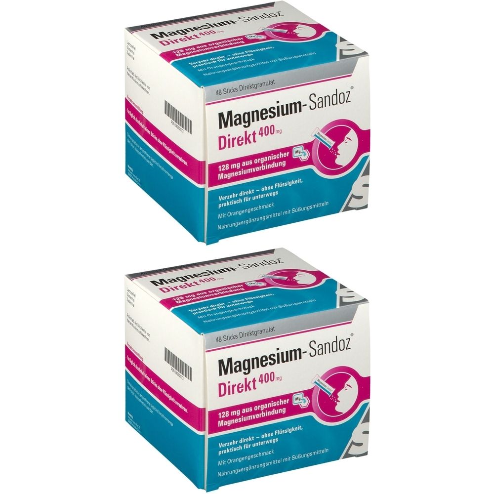 Zwei Schachteln Magnesium-Sandoz Direkt 400. Aufschrift: 120 mg aus organischer Magnesiumverbindung. Verpackung mit pinken und blauen Elementen.