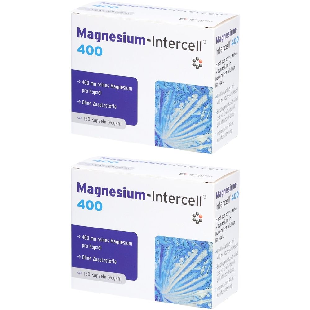 Zwei weiße Kartons mit blauen Akzenten. Aufschrift: Magnesium-Intercell 400. Enthält 400 mg Magnesium pro Kapsel. 120 Kapseln.