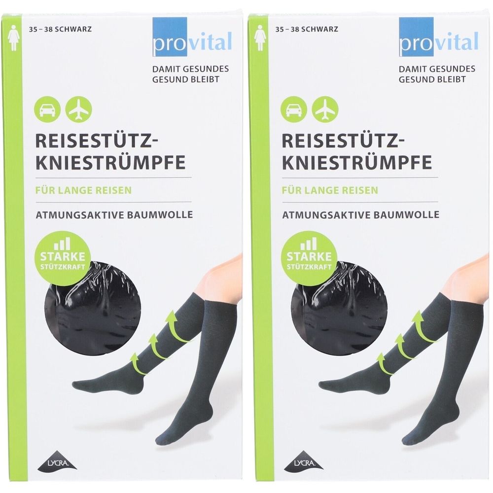 Zwei Packungen Kniestrümpfe. Schwarze Strümpfe mit grünen Pfeilen. Marke provital, Text: Reise-Kniestrümpfe, atmungsaktive Baumwolle.