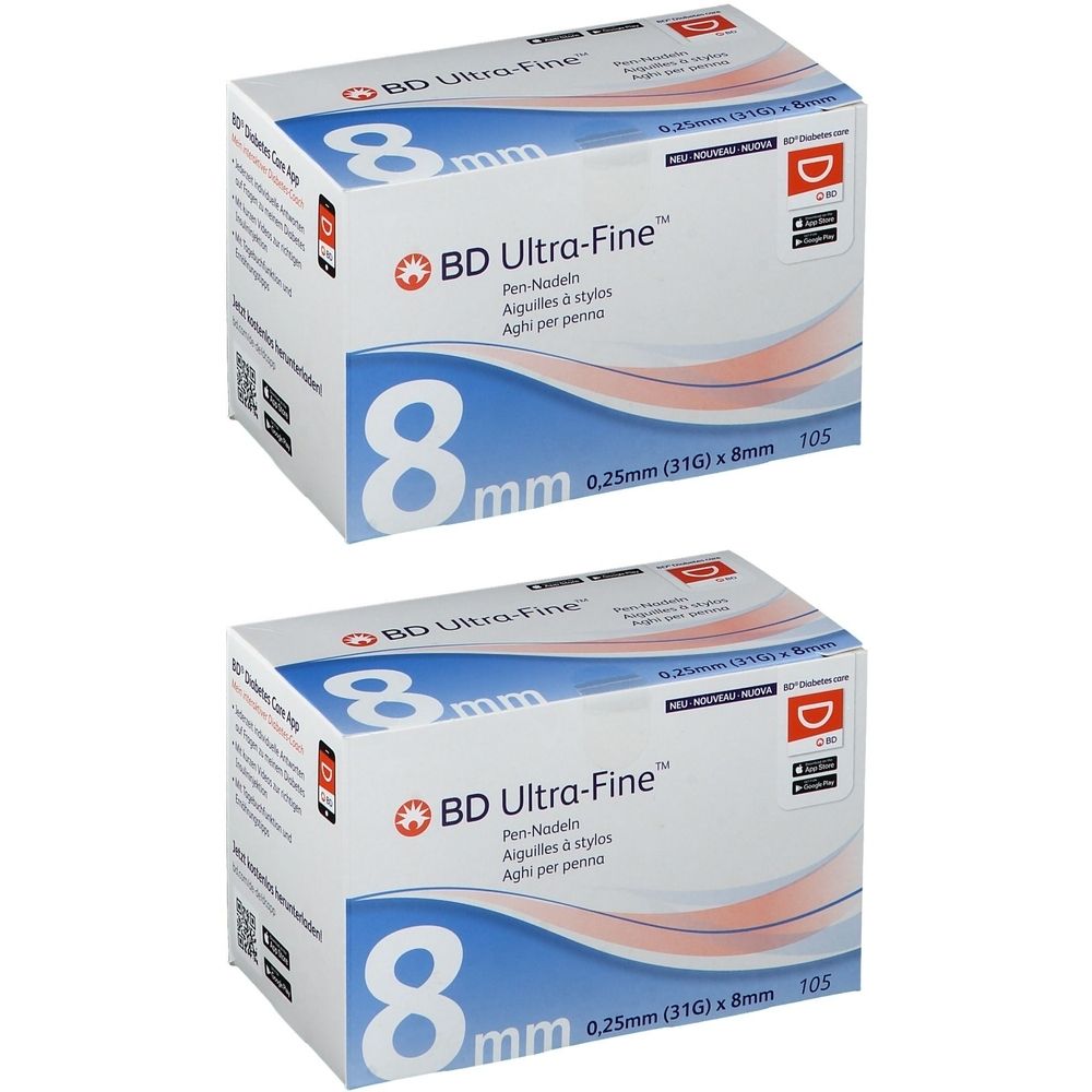 Zwei Schachteln mit BD Ultra-Fine Pen-Nadeln. Aufschrift: 8 mm, 0,25 mm (31G) x 8 mm, 105 Stück. Blaue und weiße Verpackung.