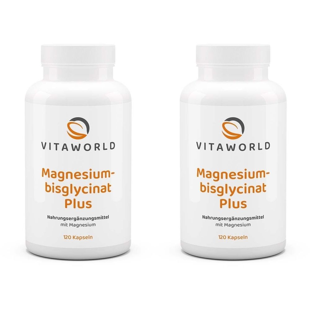 Zwei weiße Flaschen mit Schraubverschluss. Aufschrift: VitaWorld, Magnesiumbisglycinat Plus, Nahrungsergänzungsmittel, 120 Kapseln.