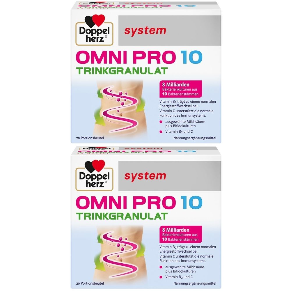 Zwei Packungen Doppelherz system OMNI PRO 10 TRINKGRANULAT. Weiße Verpackung mit Produktnamen, Logo und Informationen zu Inhaltsstoffen.